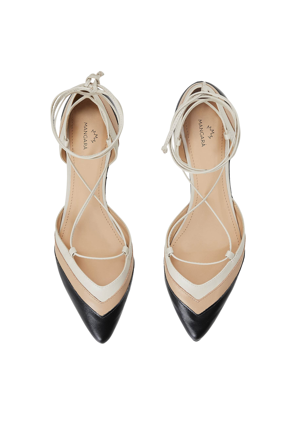 Cereja Beige Colour Block Leather Flats – Pointed Toe, Tie-Up