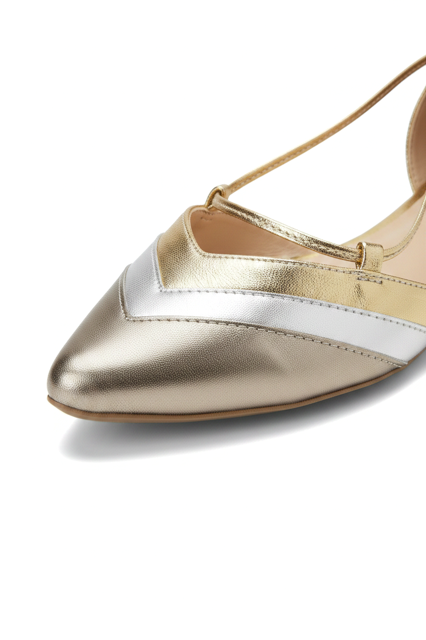 Cereja Gold Colour Block Leather Flats – Pointed Toe, Tie-Up