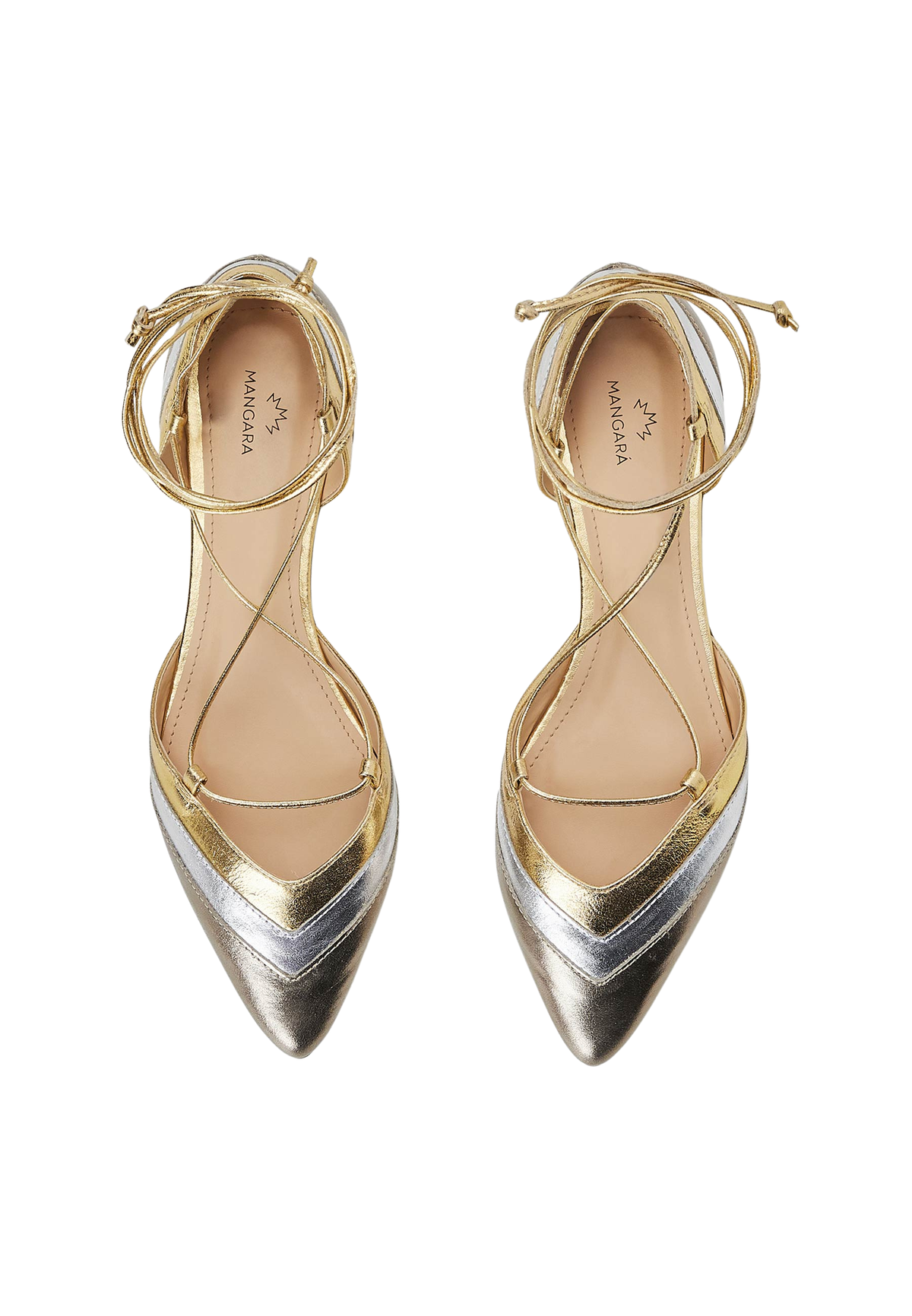 Cereja Gold Colour Block Leather Flats – Pointed Toe, Tie-Up