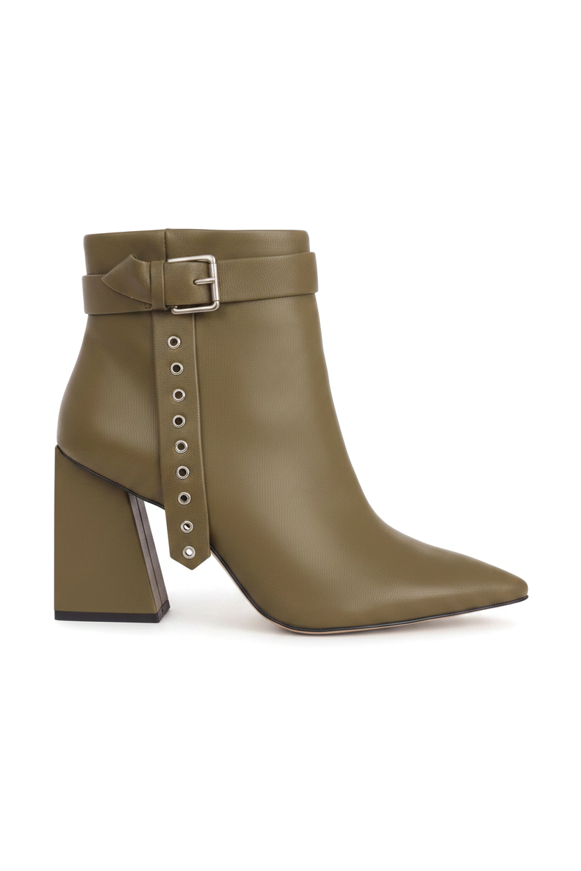 Salvia Olive Green Leather Ankle Boots – Buckle Strap, 9cm Flared Heel