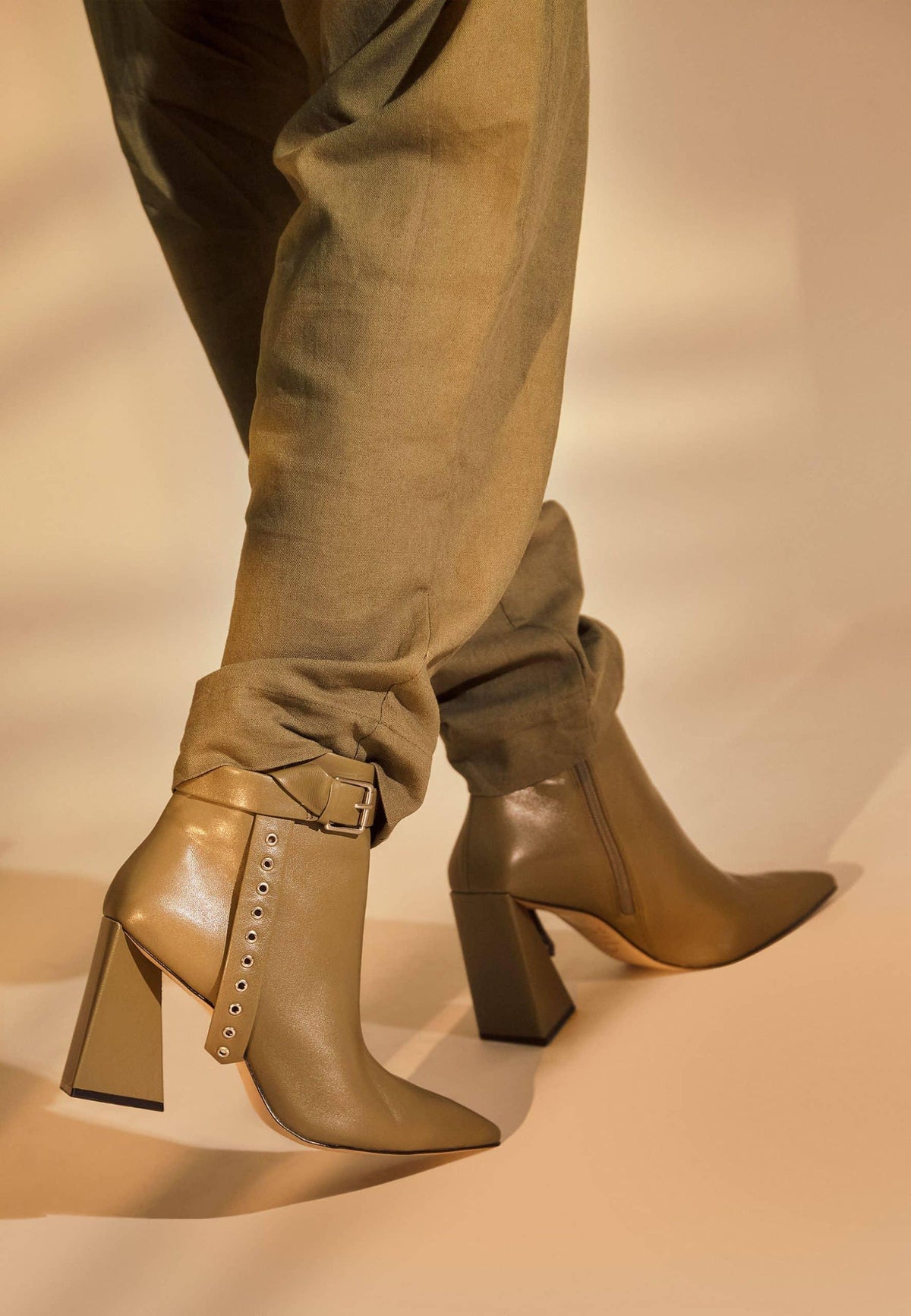 Salvia Olive Green Leather Ankle Boots – Buckle Strap, 9cm Flared Heel