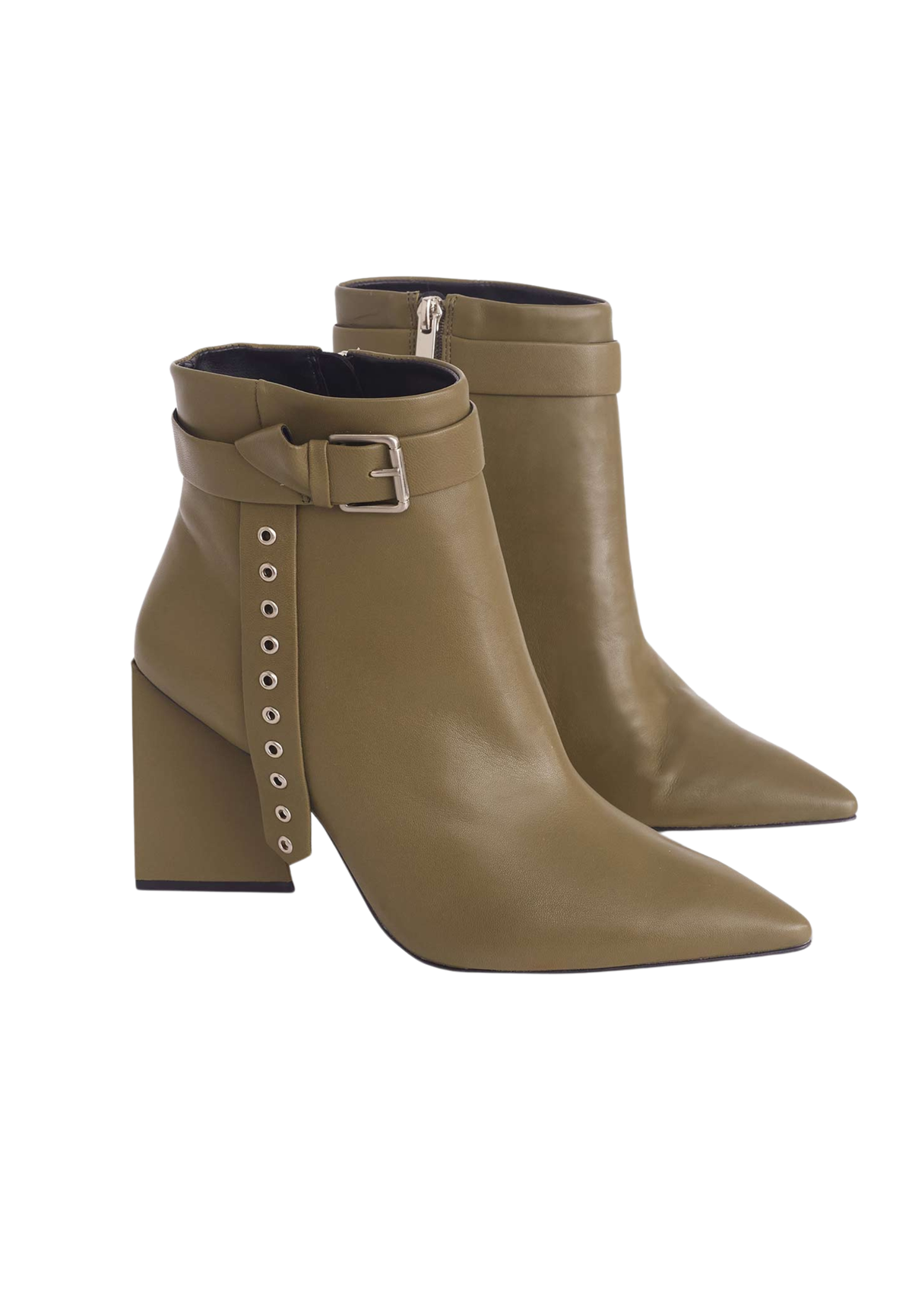 Salvia Olive Green Leather Ankle Boots – Buckle Strap, 9cm Flared Heel